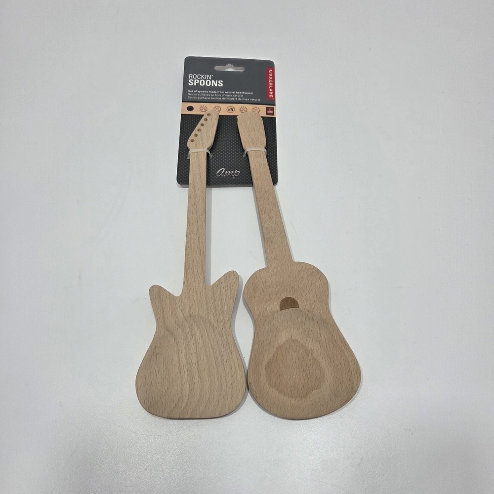 New Rockin' Spoons Guitar Serving Kitchen Utensils Set of 2 Kikkerland Beechwood
